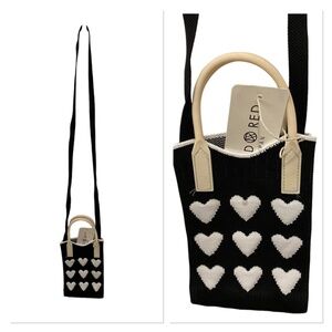 Knitted Mini Open Cross Body Bag/Cell Phone Bag. Hearts Design. Black/White